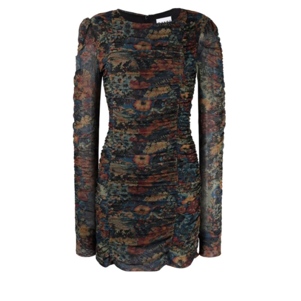 GANNI floral print ruched mesh dress